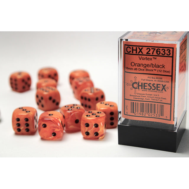 CHX 27633 Vortex Orange/black 16mm d6 Dice Block (12 dice)