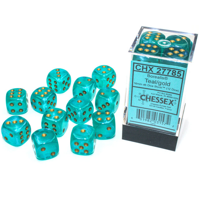 CHX 27785 Borealis Teal/gold Luminary 16mm d6 Dice Block (12 dice)