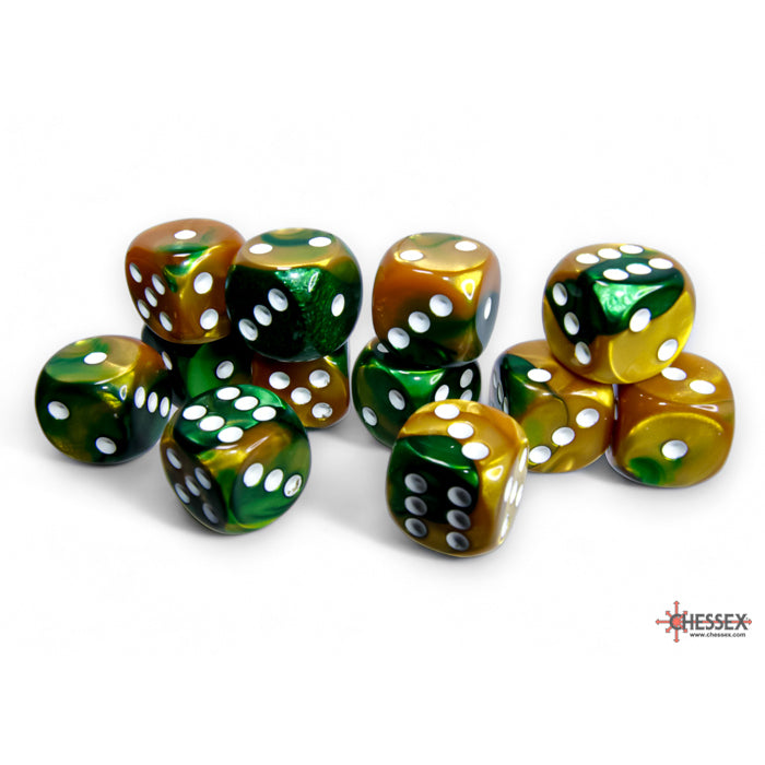 CHX 26625 Gemini Gold-Green/white 16mm d6 Dice Block (12 dice)