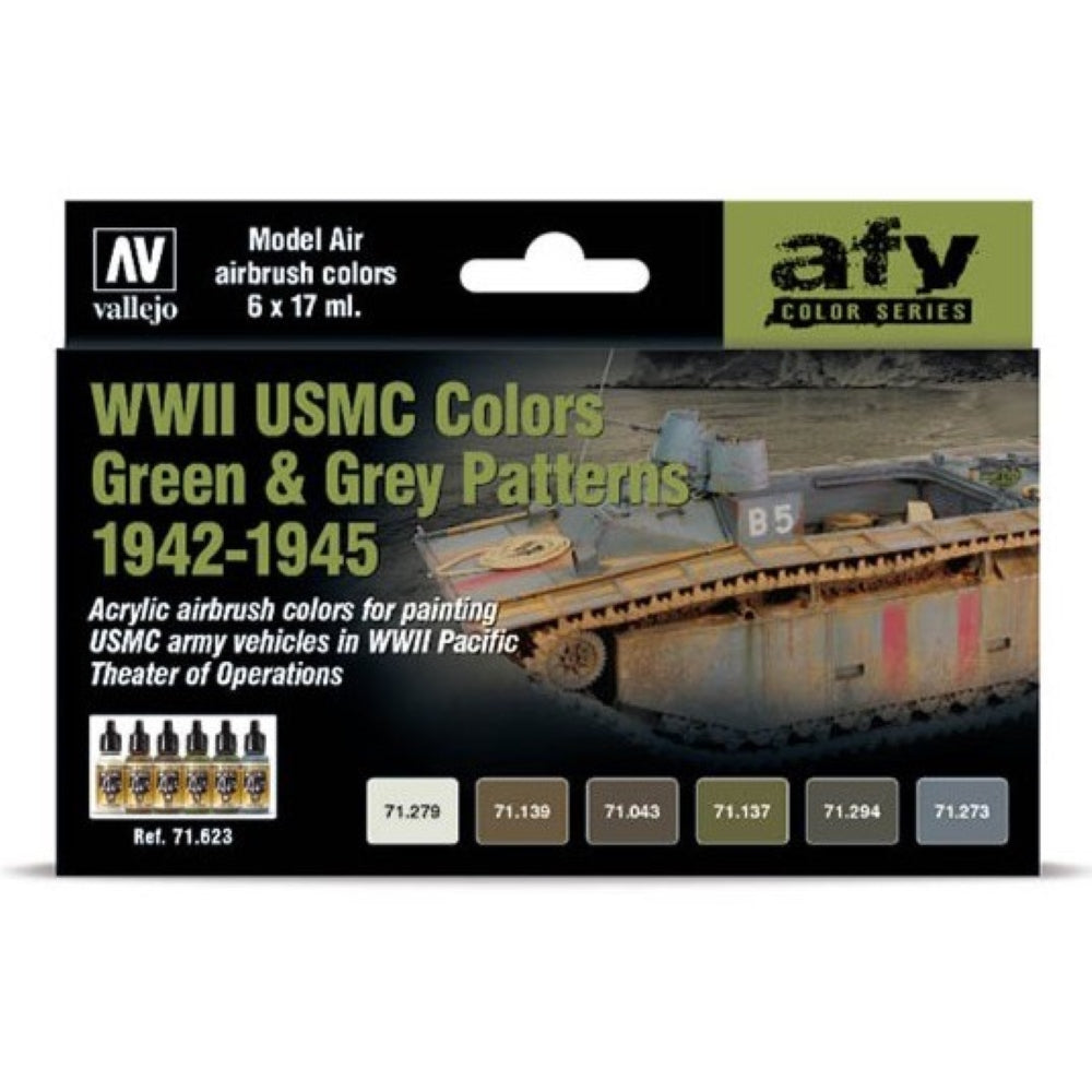 Vallejo - Model Air - Wwii Usmc Colors Green & Grey Patterns 1942-1945 6 Colour Set