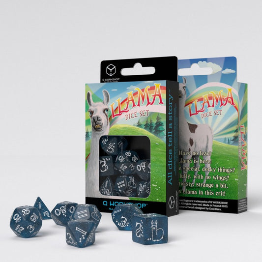 Q Workshop - Llama Glittering Dark Blue And White Dice Set 7