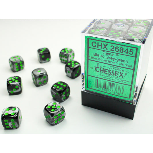 CHX 26845 Gemini Black-Grey/green 12mm d6 Dice Block (36 dice)