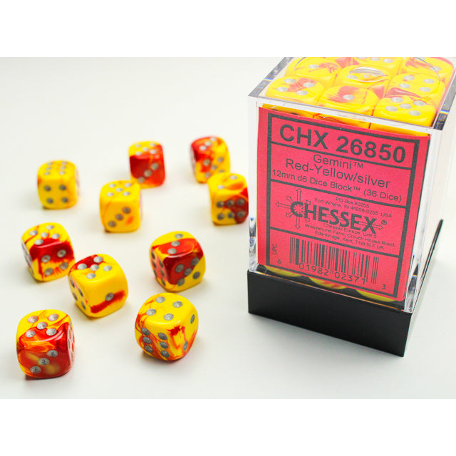 CHX 26850 Gemini Red-Yellow/silver 12mm d6 Dice Block (36 dice)