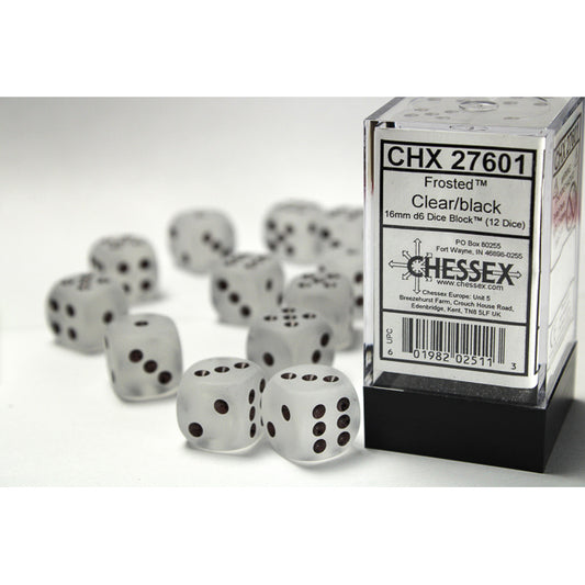CHX 27601 Frosted Clear/black 16mm d6 Dice Block (12 dice)