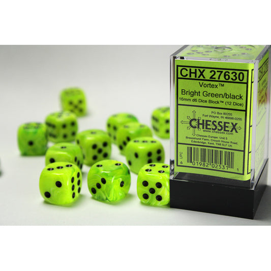 CHX 27630 Vortex Bright Green/black 16mm d6 Dice Block (12 dice)