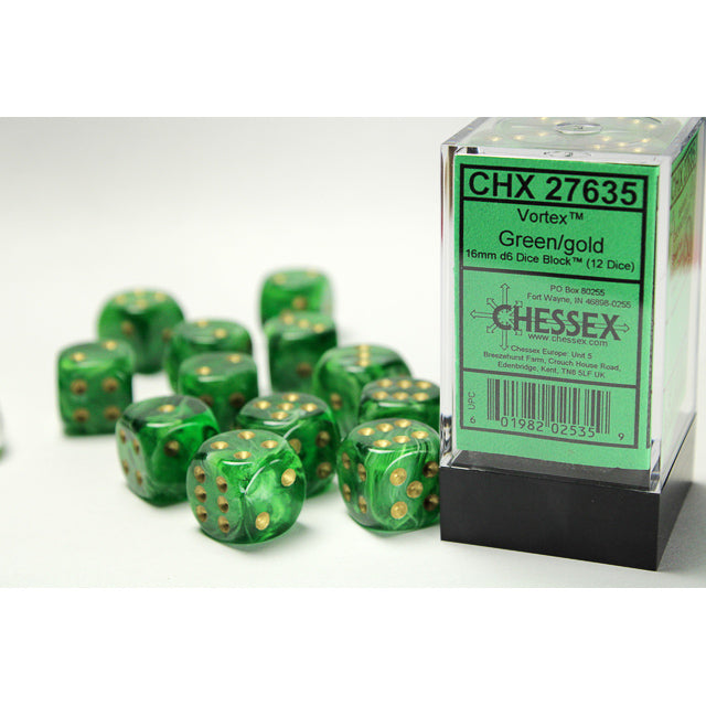 CHX 27635 Vortex Green/gold 16mm d6 Dice Block (12 dice)
