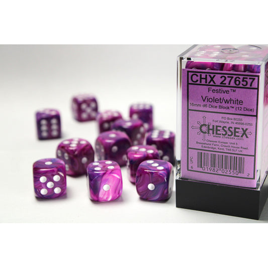CHX 27657 Festive Violet/white 16mm d6 Dice Block (12 dice)