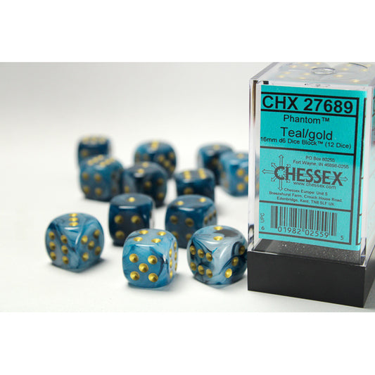 CHX 27689 Phantom Teal/gold 16mm d6 Dice Block (12 dice)