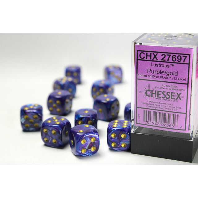 CHX 27697 Lustrous Purple/gold 16mm d6 Dice Block (12 dice)