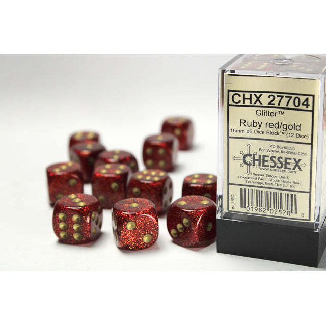 CHX 27704 Glitter Ruby/gold 16mm d6 Dice Block (12 dice)