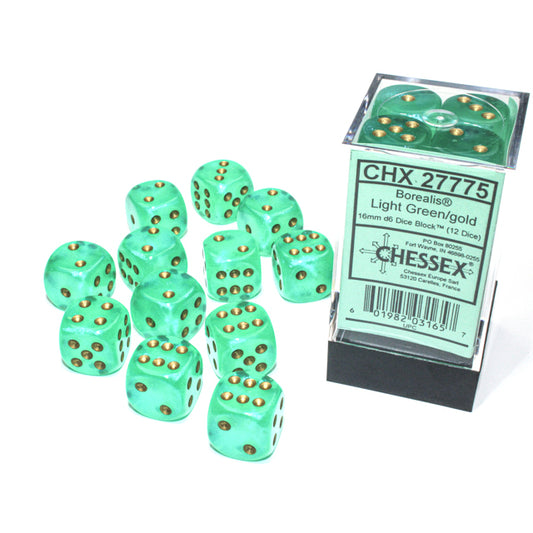 CHX 27775 Borealis Light Green/gold Luminary 16mm d6 Dice Block (12 dice)