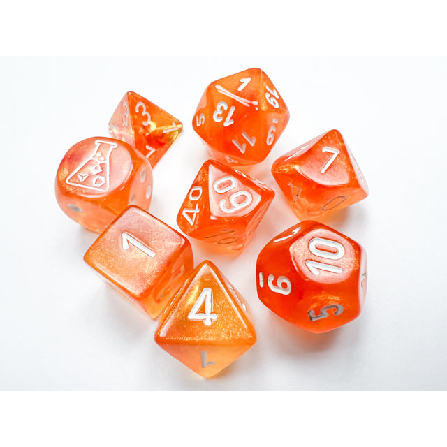 CHX 30052 Borealis Blood Orange/white Luminary Polyhedral 7-Dice Set (with bonus die)