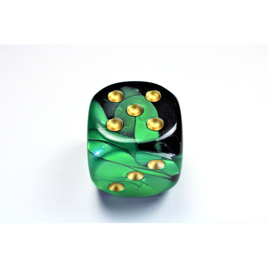 CHX DG5039 Gemini Black-Green/gold 50mm d6 dice w/pips