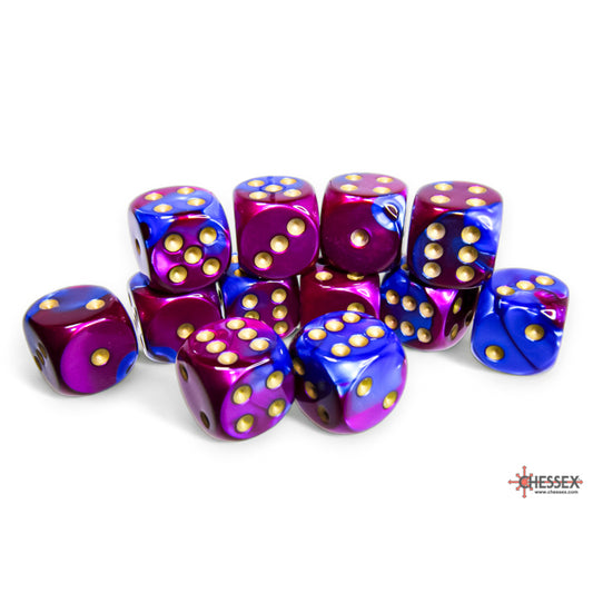 CHX 26628 Gemini Blue-Purple/gold 16mm d6 Dice Block (12 dice)