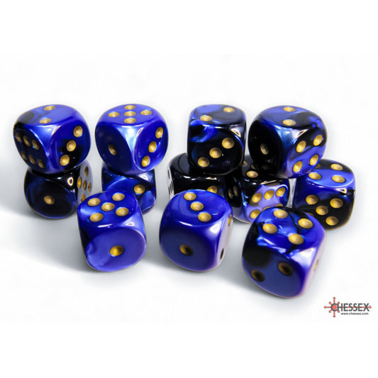 CHX 26635 Gemini Black-Blue/gold 16mm d6 Dice Block (12 dice)