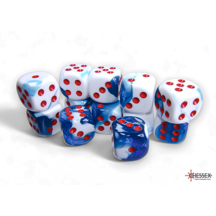 CHX 26657 Gemini Astral Blue-White/red 16mm d6 Dice Block (12 dice)