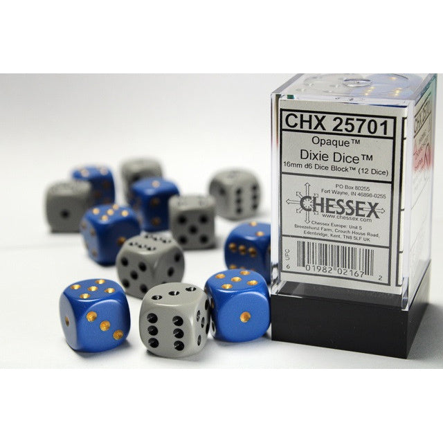CHX 25701 Opaque Dixie Dice 16mm d6 12-Die Set (6 Blue/yellow - 6 Dark Grey/black)