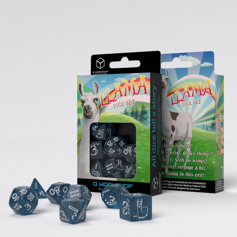 Q Workshop - Llama Glittering Dark Blue And White Dice Set 7
